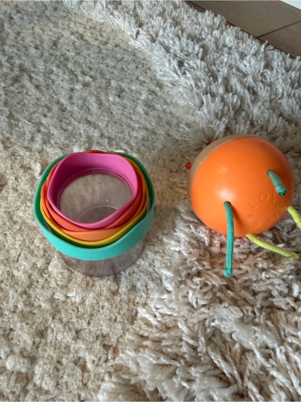 LOVEVERY Colorful Nesting Drip Cups & Orange Pincer Grasp Ball